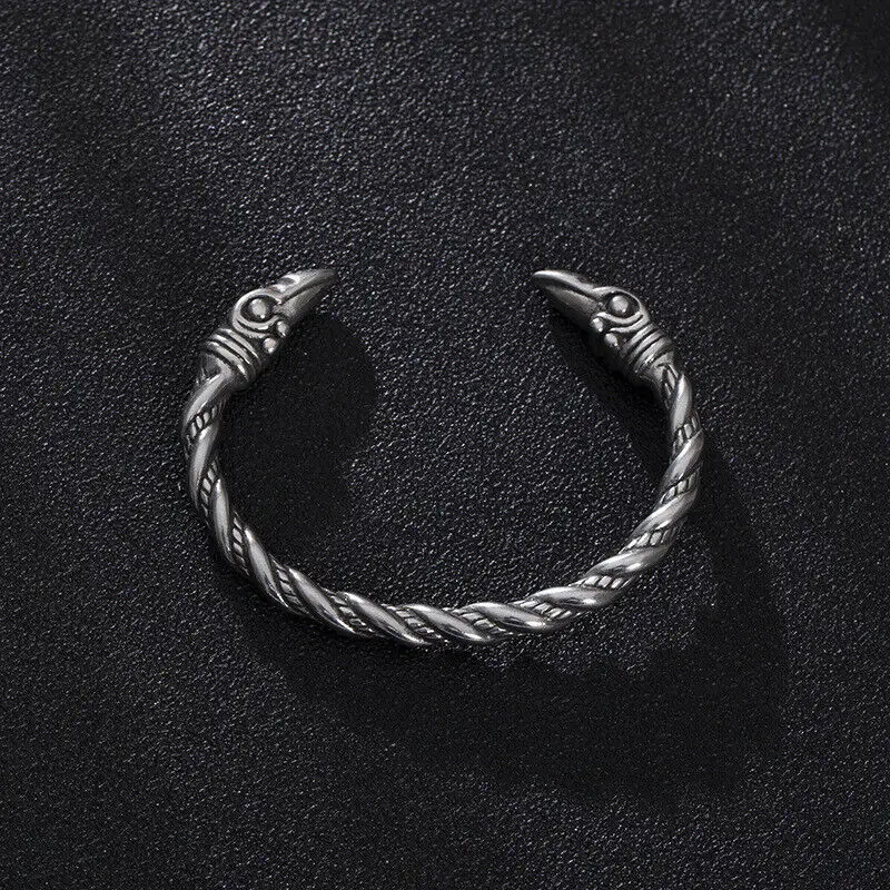 8 Inch Men's Stainless Steel Norse Viking Raven Bangle Bracelet Arm Ring