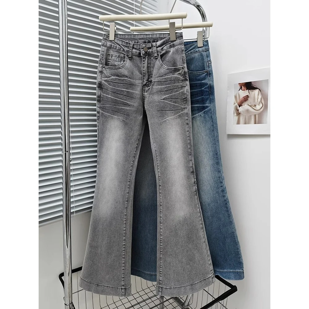 

Женские винтажные джинсовые брюки с высокой талией, потертые серые расклешенные брюки S-2XL, женские повседневные длинные джинсовые брюки, женские джинсы с вырезом
