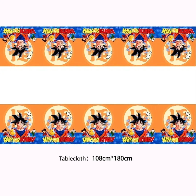 Zestaw dekoracji na przyjęcie urodzinowe w stylu anime Dragon Ball: obrus, talerze, sztućce, baner, topper na tort, flaga do zawieszenia, zestaw balonów.