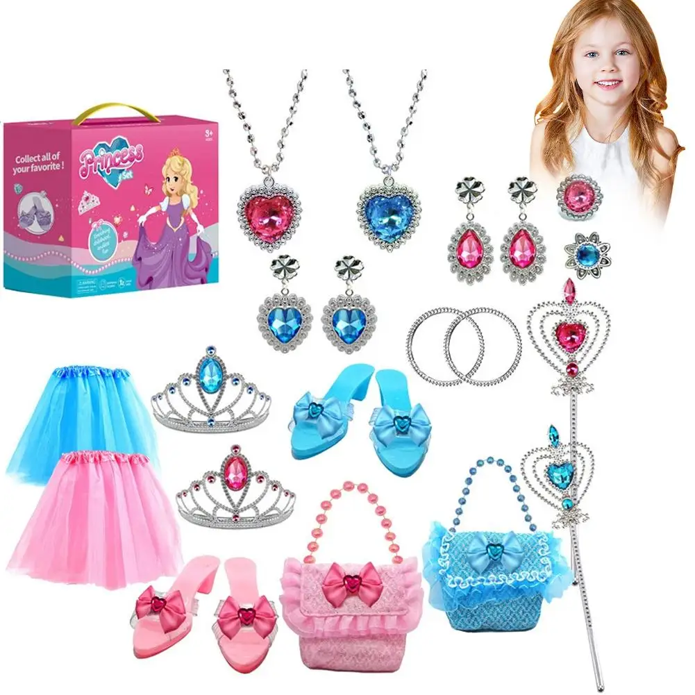Set de Joyas de Juguete para Niñas: Zapatos de Cristal, Collar, Corona, Pendientes, Pulsera, Maquillaje de Juguete, Disfraz de Princesa, Juego de Roles para Niñas