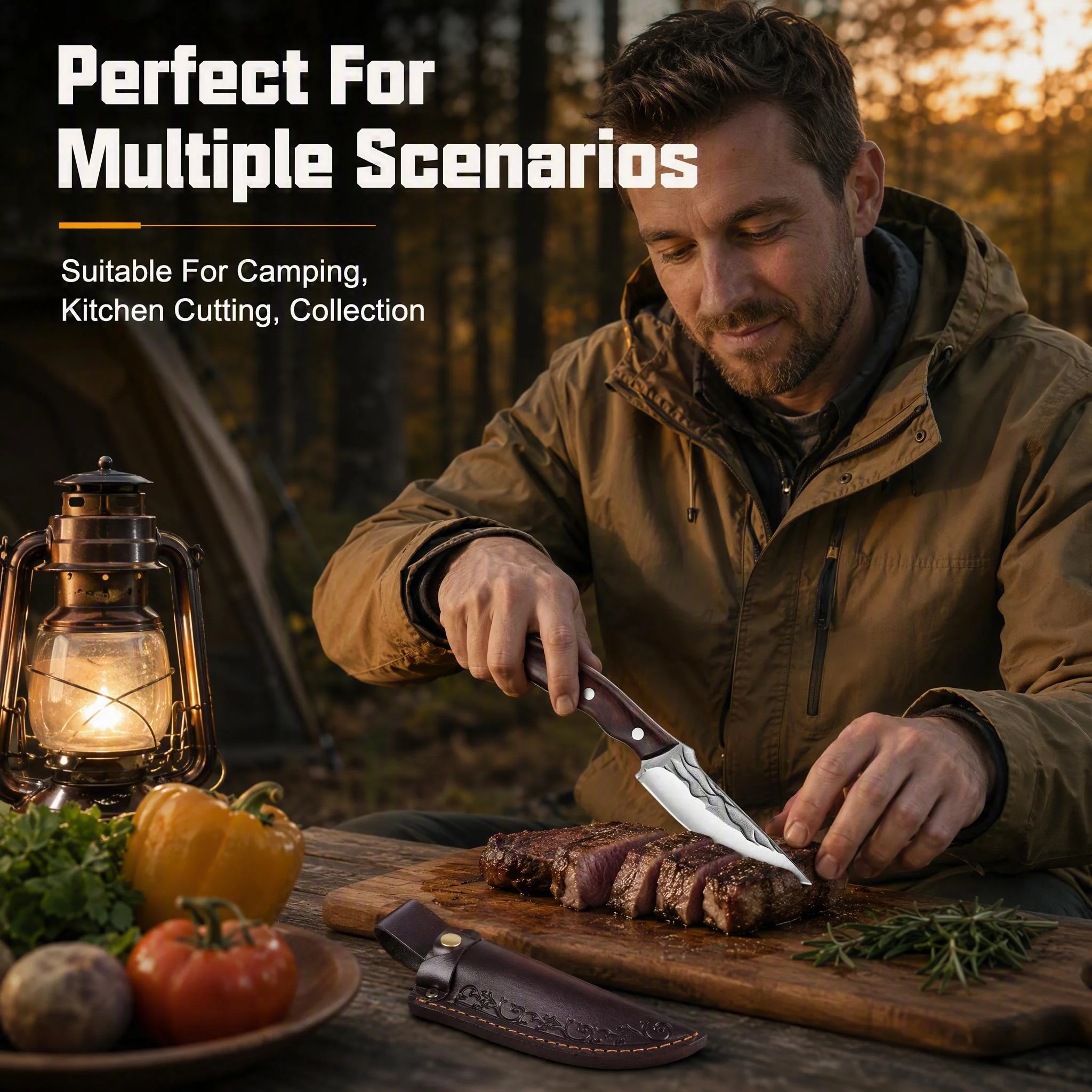 Outdoor stainless steel fixed-blade hunting knife with finger ring design, ergonomic wooden handle, and engraved leather sheath