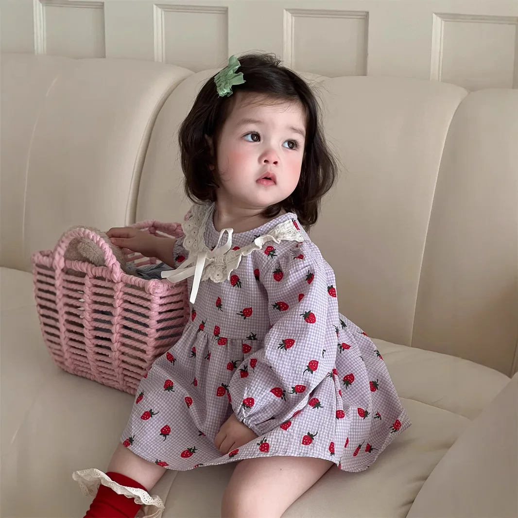 2025 Spring New Baby Long Sleeve Dress Strawberry Print Girls Lace Princess Dress Infant Cotton Casual Dress Toddler Clothes