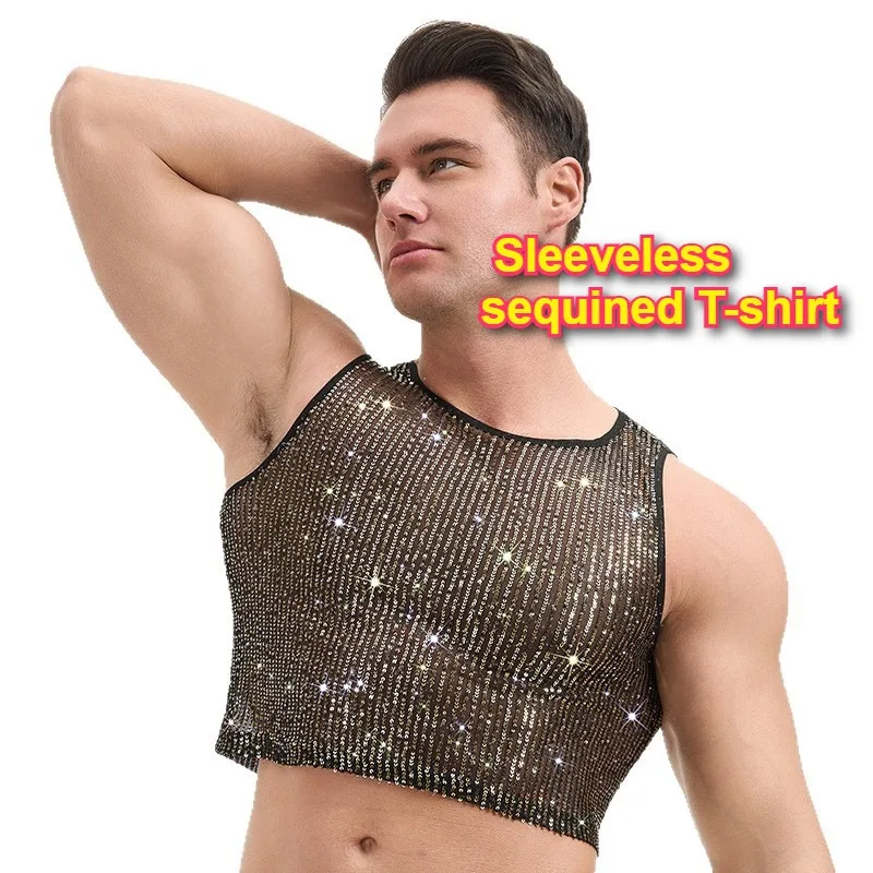 Men Fash Shinny Sleeveless T-Shirts Punk Style Star Dance Lingerie Glossy Crop Tops for Night Bar Party Gay Amazing Clothing