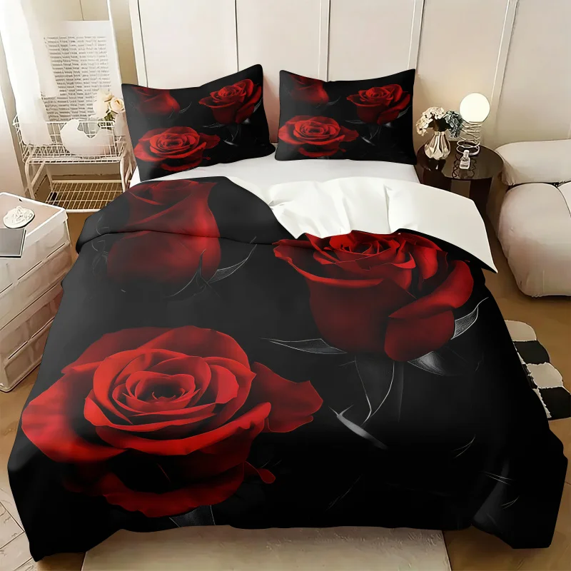 Red Rose Print Duvet Cover Set Black Background Floral Bedding Soft Gothic Romantic Bedroom Decor Twin Full Queen King