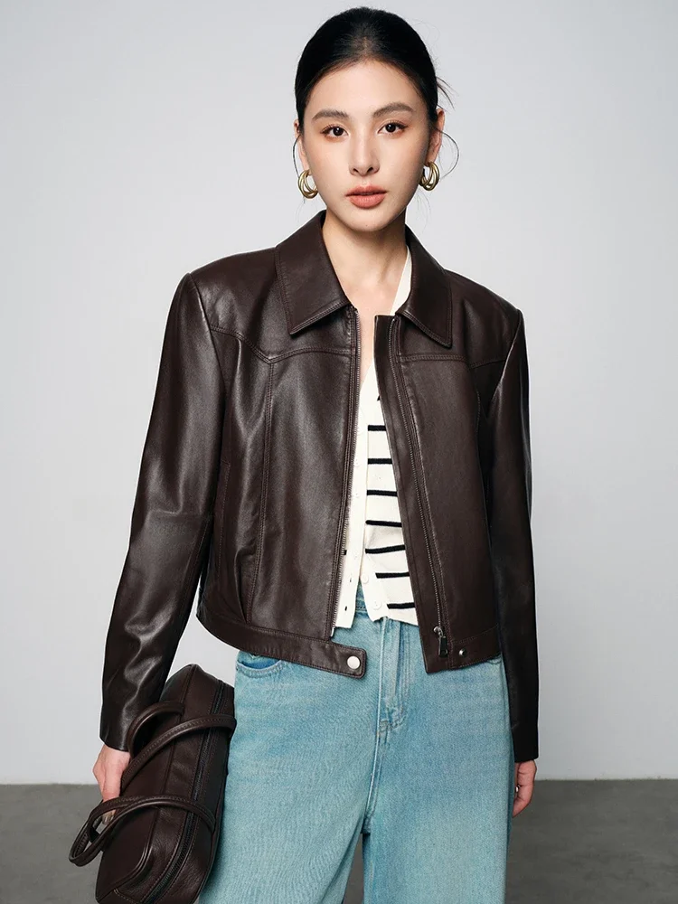 

Slim Short Genuine Leather Motorcycle Jackets for Women Spring Autumn 2026 High-end Simple Casual Solid Soft Real Sheepskin Coat
