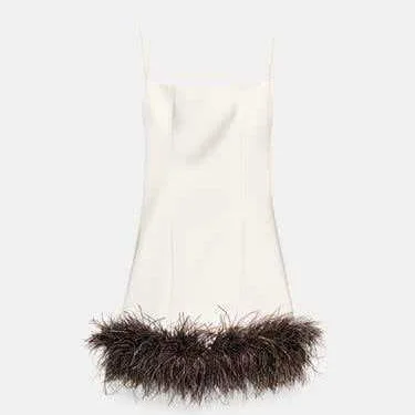 Women's Elegant Strappy Dress Winter Fashion High Street Feather-Trimmed Satin Sleeveless Skirt Solid Color Casual Petticoat