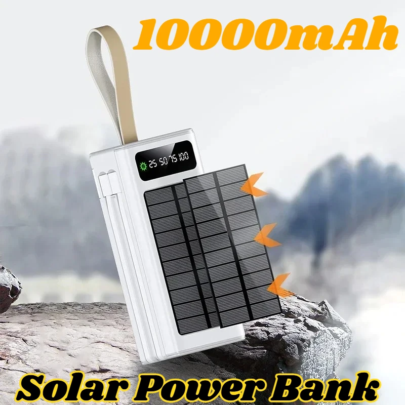 

Портативное зарядное устройство на солнечной энергии 100000 мАч с большой емкостью, встроенными кабелями, быстрой зарядкой, внешний аккумулятор для iPhone и Samsung