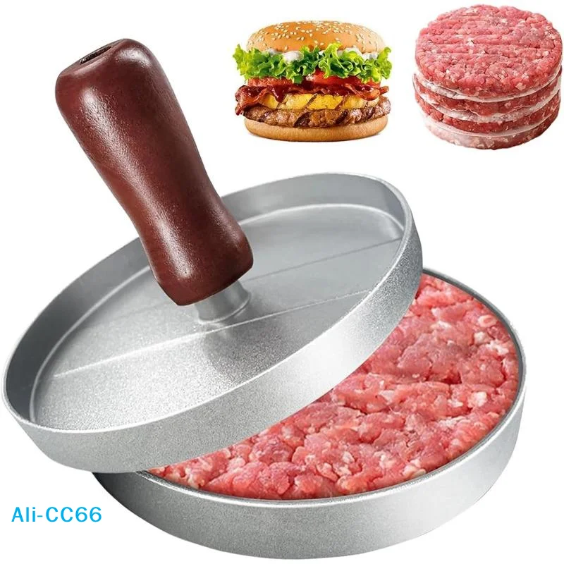 【C】Non Stick Aluminum Burger Press With Ergonomic Wooden Handle Perfect For Home Kitchen Backyard Barbecue