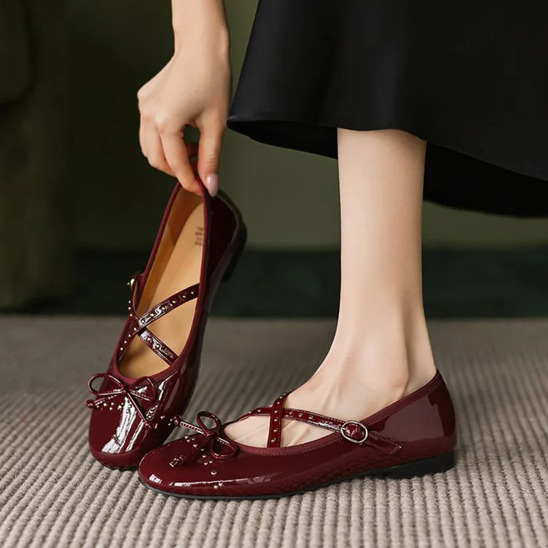 phoentin-2025-spring-new-women's-retro-mary-janes-cross-tied-ballets-flats-shoes-round-toe-low-heel-party-red-pumps-ftb5017