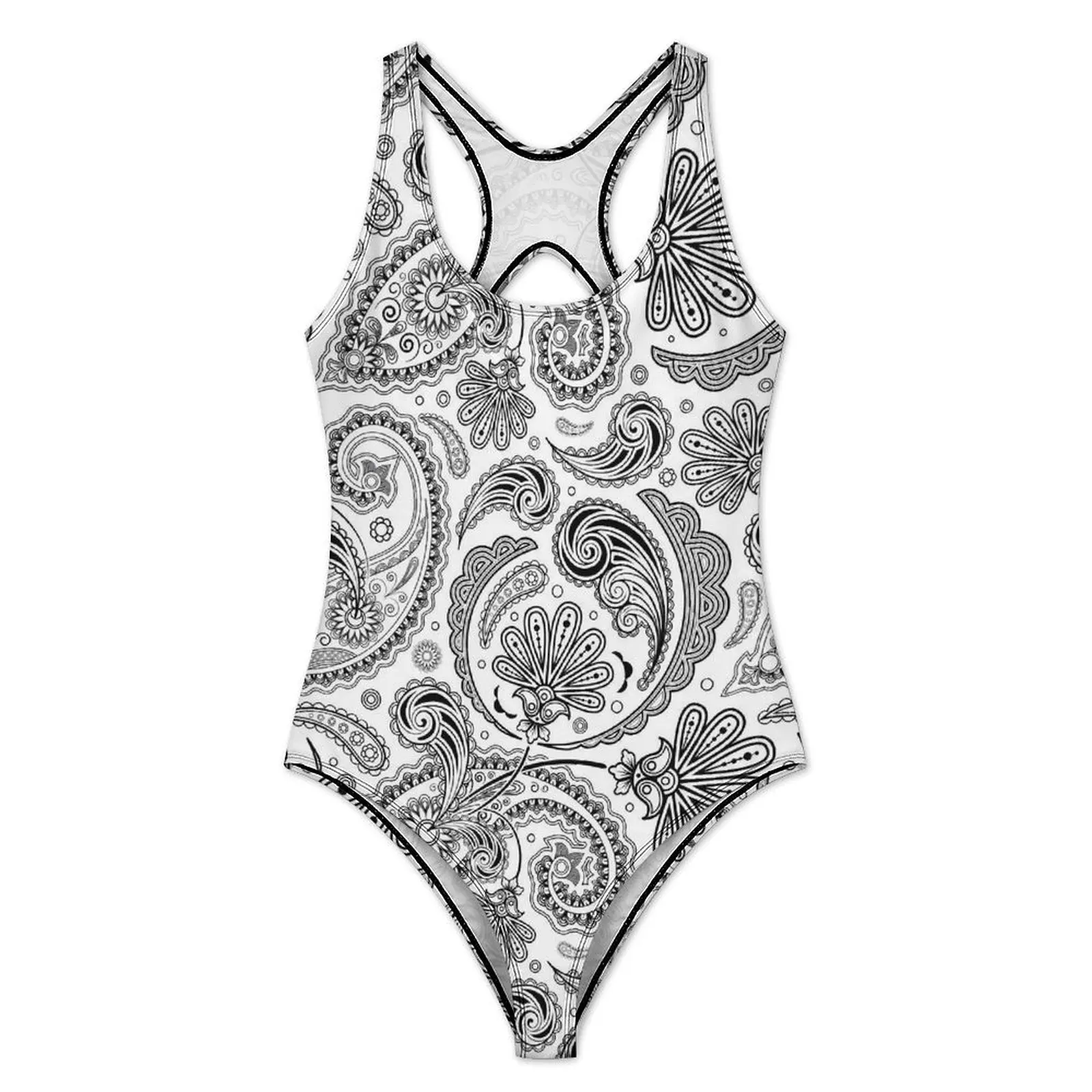 Vintage Paisley Swimsuit Black And White Push Up Swimwear One Piece Holiday Surf Monokini Bodysuit Design Beach Wear Plus Size