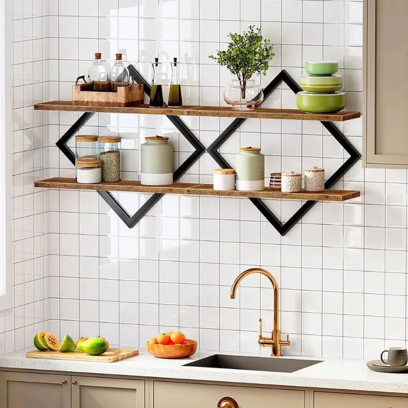 Wall shelf two floors living room green plant storage rack iron and wood combination
