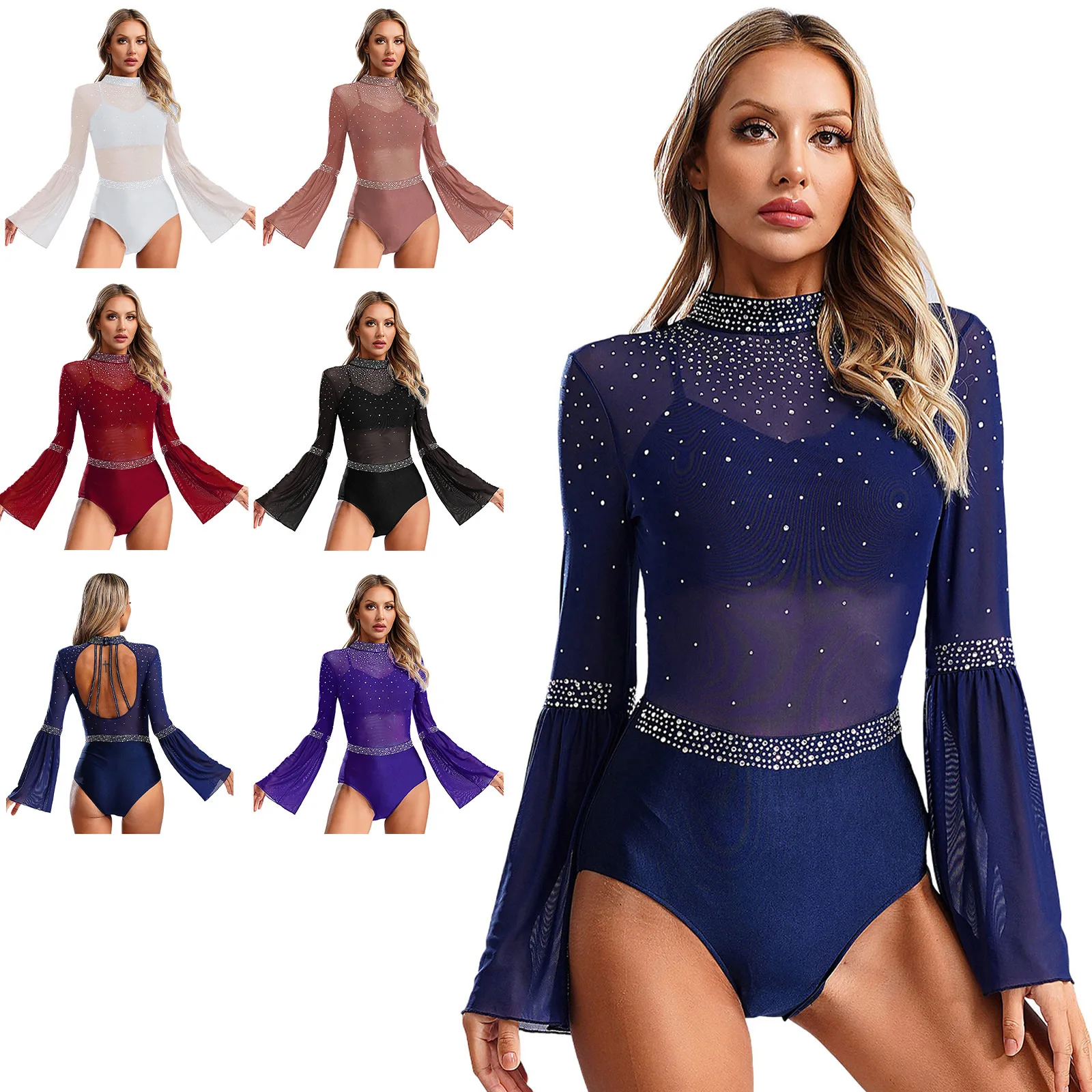 Mulheres patinação artística ginástica rítmica desempenho traje alargamento manga brilhante strass ballet dança collant dancewear