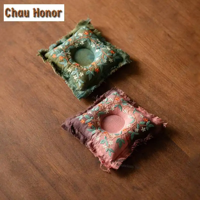 ZAEYORIA Brocade Embroidered Square Pot Bearing Holder Coffee Cup Holder Dry Soaking Table Tea Tray Coasters Cafes Decoration