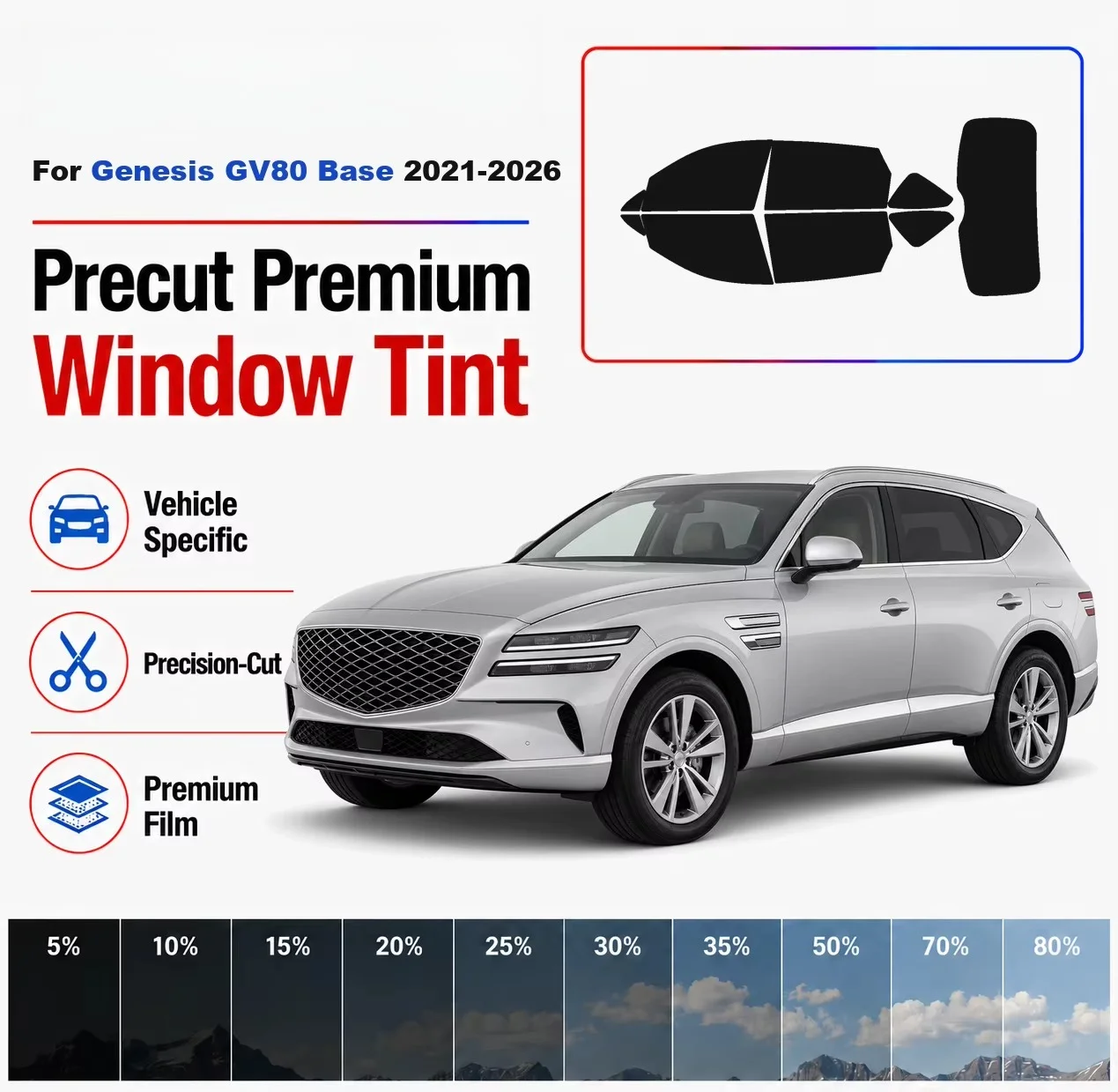 Premium Precut Window Tint Kit Front Rear Windows Rear Windshield For Genesis GV80 Base 2021-2026 Complete Set Nano Ceramic Film