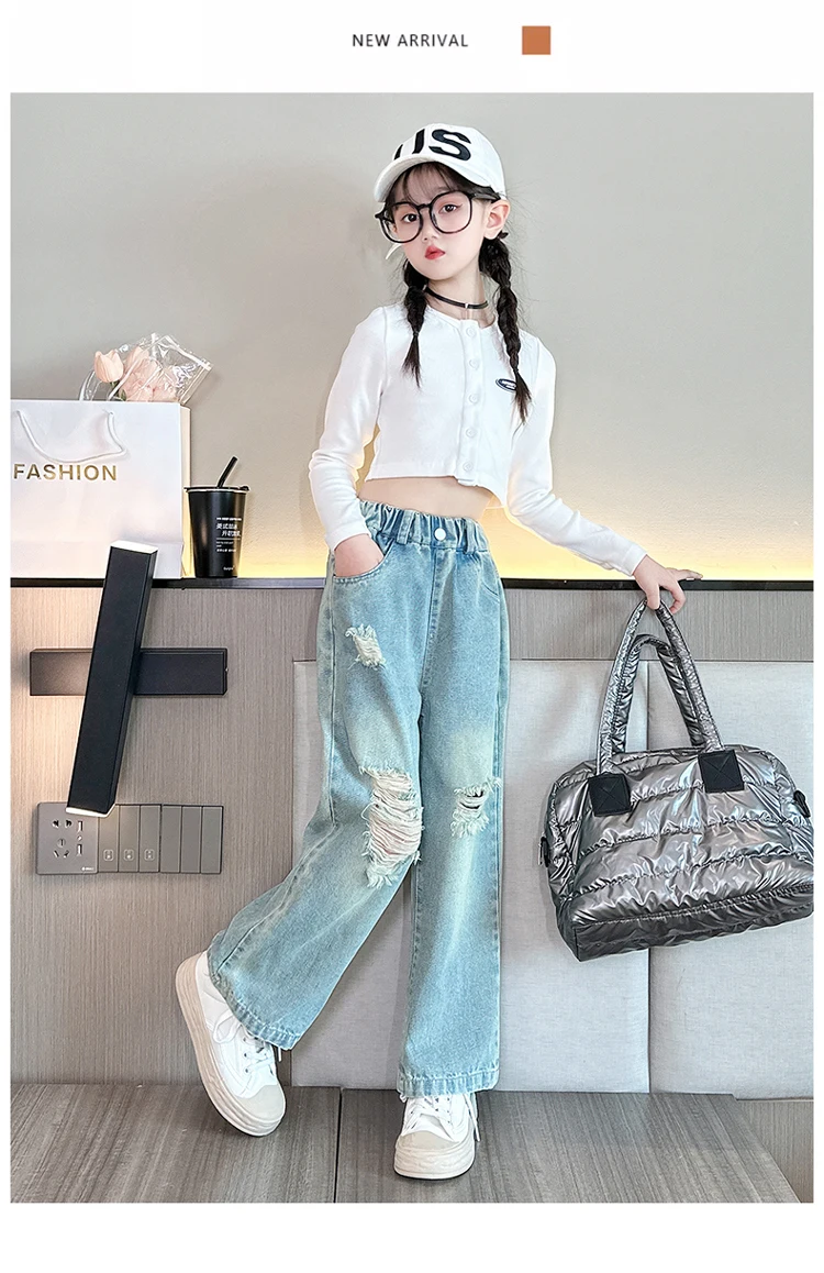 Cowgirl Ripped Jeans mit Löchern für Kinder Mädchen, lässiger Stil, zerrissene Denim-Hosen, Frühling Herbst Kinder High Street Kleidung 5 bis 14 Jahre – Detail 8