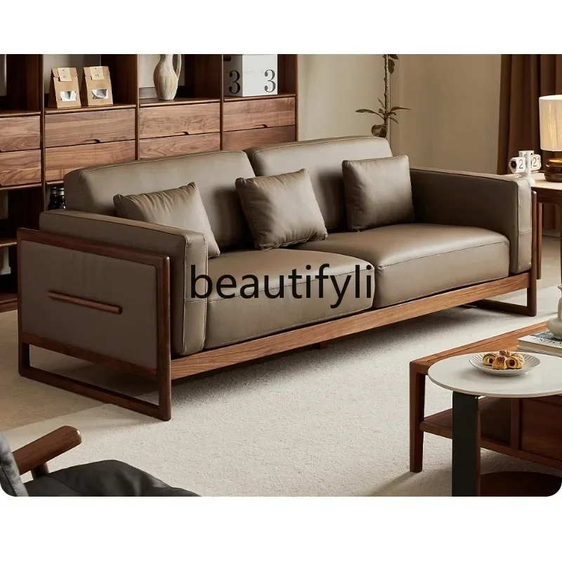 

North American black walnut solid wood sofa leather sofa modern light luxury living roomQQ