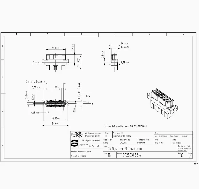 09250303214 HARTING 30-контактный гнездовой разъем обжимной штифт с крепежным фланцем