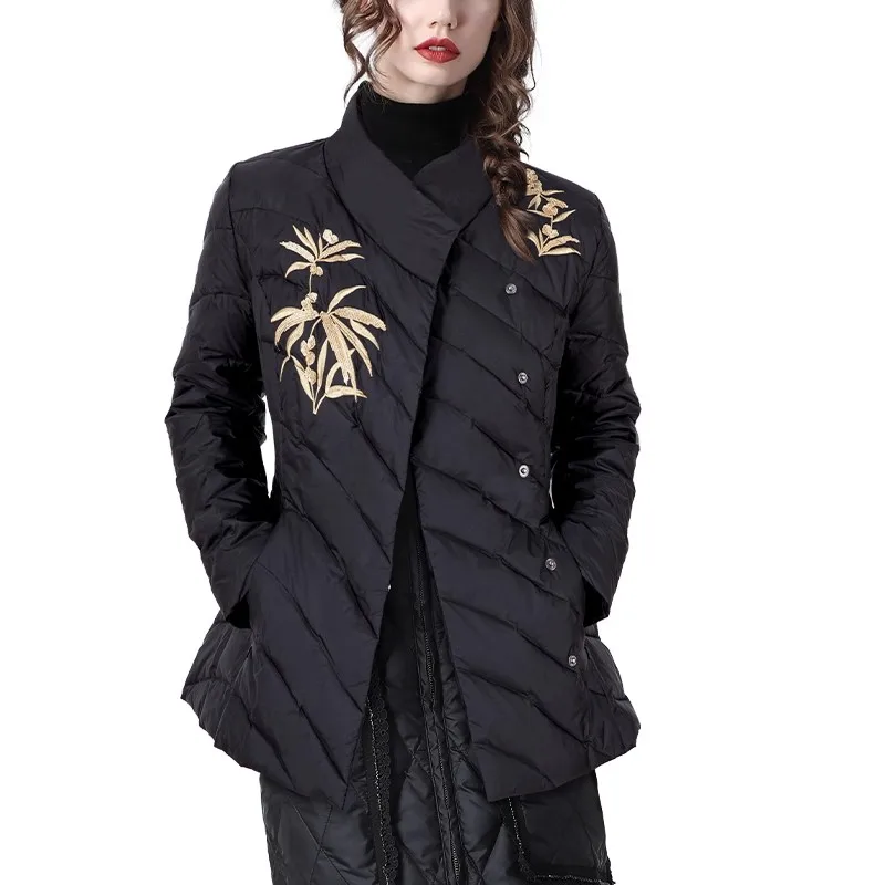 เสื้อแจ็คเก็ตผู้หญิงสีดำ แต่งเลื่อมและปักลาย  บุด้วยขนเป็ดขาว  แบบพัฟเฟอร์  ทรงเข้ารูป  แบบสั้น  สำหรับฤดูหนาว