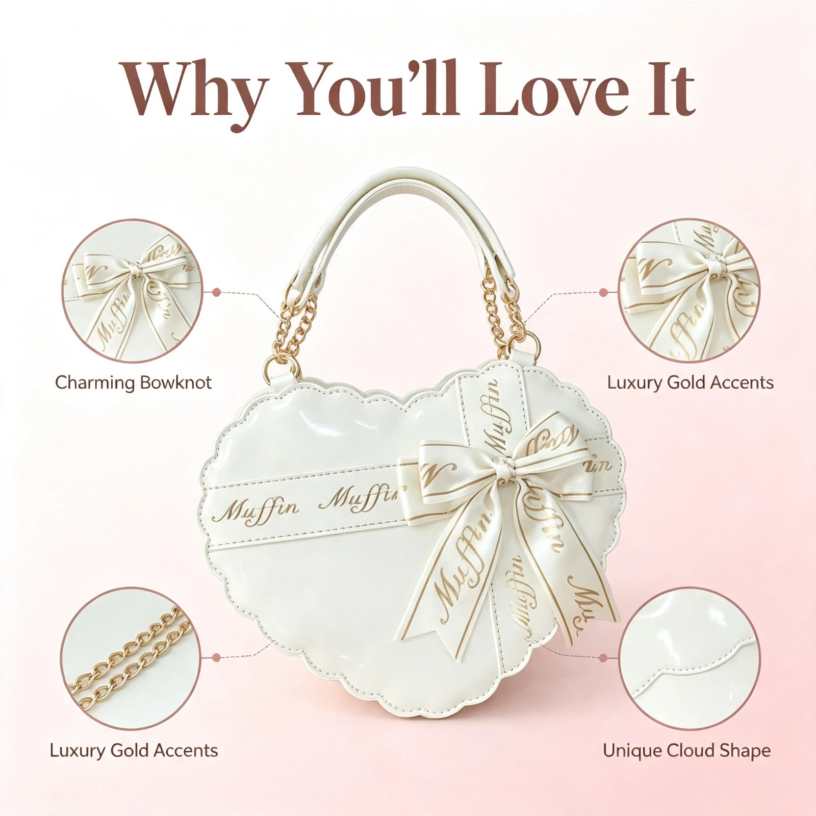 White Heart Shaped Lolita Handbag, Large Bowknot PU Leather Shoulder, Crossbody Bag Sweet Balletcore Purse, For Girls Gift