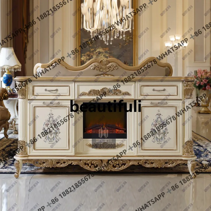 H European solid wood fireplace cabinet French retro carved decorative living room display cabinet