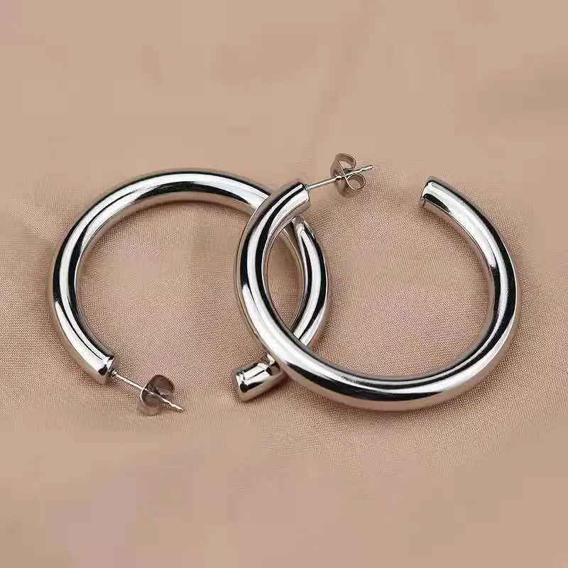 30/40/50mm C Shape Stainless Steel Hoop Earrings for Women Classic 14K Gold Plated Large Thick Hoop Earrings Fashion Accessories