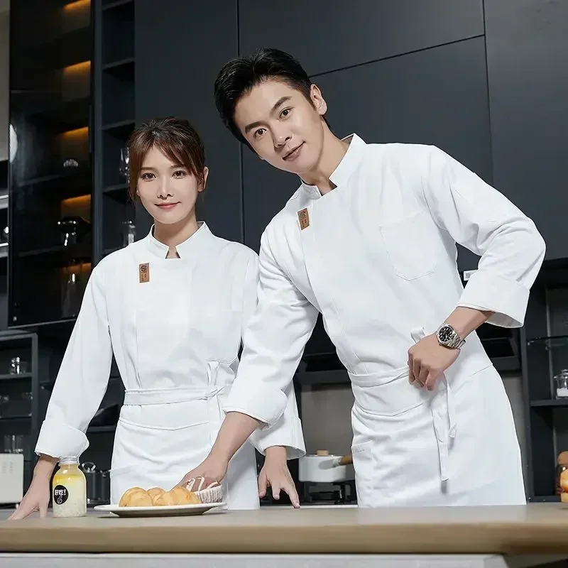 grembiule da giacca da cuoco bianco da uomo a maniche lunghe uniforme da cuoco cappotto nero camicia da cuoco traspirante ristorante abiti da lavoro da cucina logo da donna
