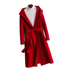 Abrigos de lana con capucha de solapa ancha para Mujer, abrigos largos de Cachemira de longitud Regular, cinturón de punto abierto, ropa de invierno, Tops para Mujer, otoño