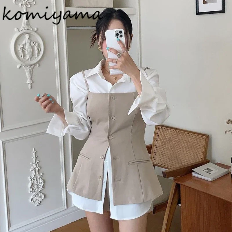 Komiyama Turn Down Collar Blusas Mujer Long Sleeve Shirts Blouses Single Breasted Camisas Korean Simple Shirt Tops with Vest