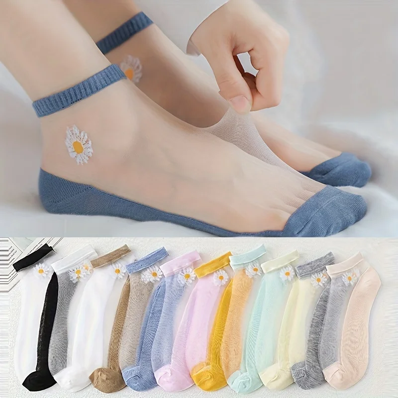 

9-Pairs Daisy sheer Socks: Breathable Sheer Ankle Socks for Women, Cool & Summer Thin Style