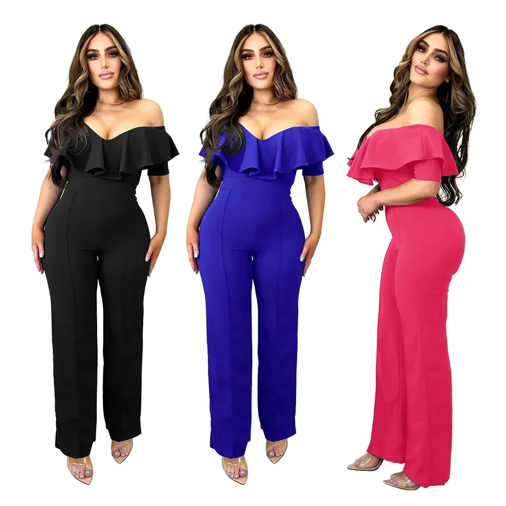 

Women Jumpsuits Slash Neck Ruffles Tops Overalls Rompers Midi Waist Wide Leg Trousers Casual V Neck Summer Office Ladies