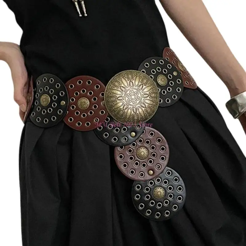 49me เอวตะวันตกห่วงโซ่กรันจ์แกะสลัก Grommet สีเข้มเข็มขัดเอวที่มีสไตล์ grommet