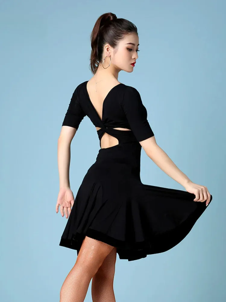 Backless Latin Dance Female Dresses Tango Jazz Middle Sleeves Competition Slim Fit Party Women Halloween Costume Dress 2024