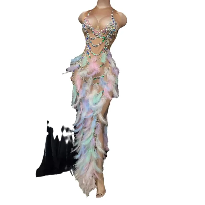 

Model Color Feather Rhinestone Elastic Butt Wrap Dress Evening Dress Stage Adult Performance Dress