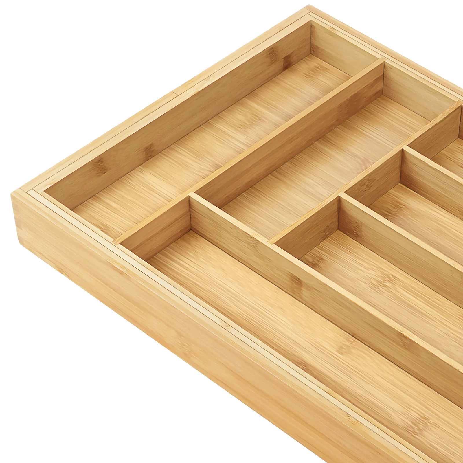 Bambus-Besteckkasten, erweiterbar von 32 x 43 cm auf 52 x 43 cm, 5 cm Tiefe, 6 bis 8 separate Fächer für Küche, Schlafzimmer, Büro – Detail 20