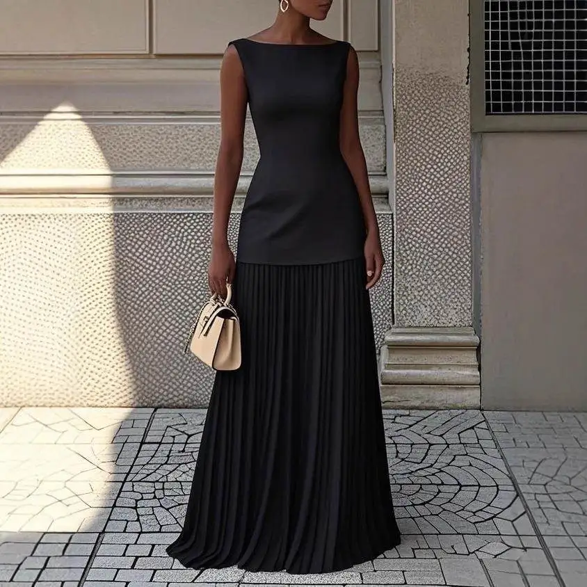 

Spring 2026 Women's Fashion Slim Fit Pleated Two Piece Set Pure Color Elegant Style Casual Versatile Four Seasons Wear
