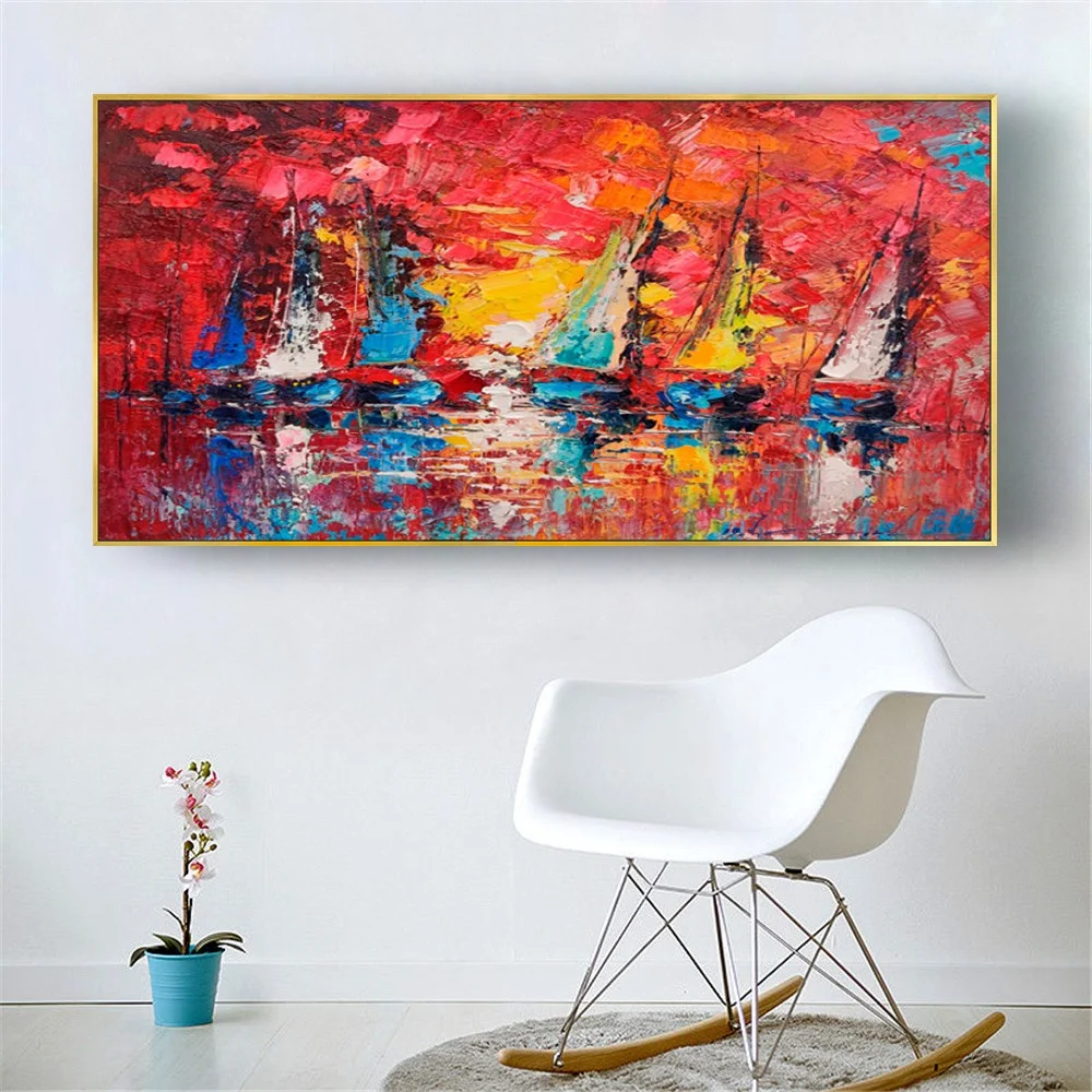 

Large Handmade Sailboat Oil Painting On Canvas Picture Colorful Harbor Landscape Wall Art Nautical Seascape Mural Decor Home