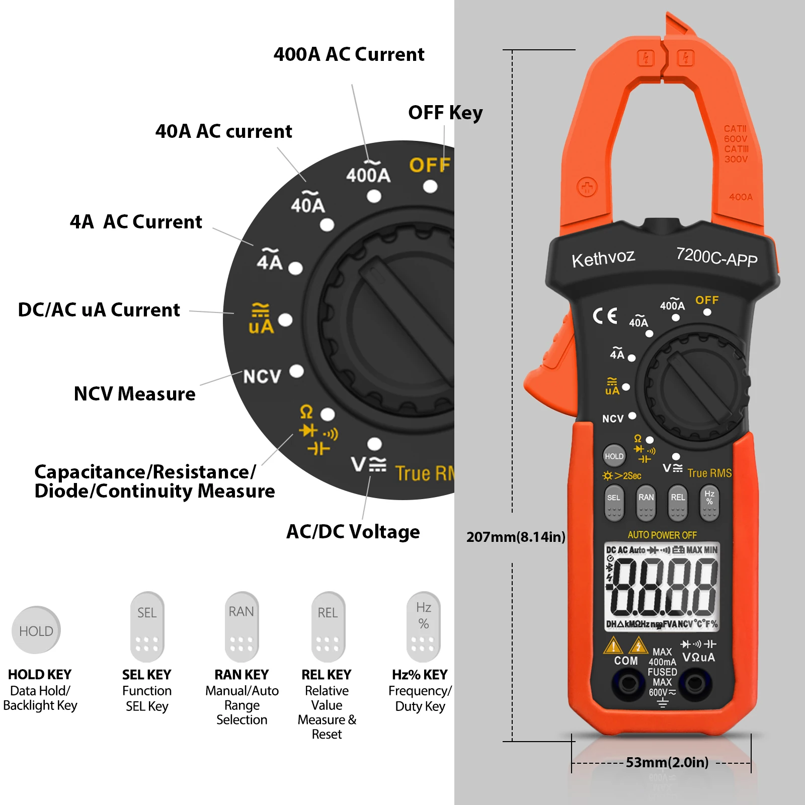 7200C-APP Clamp Multimeter,True RMS, 400A AC/DC Current,0.1A Resol,NCV Detection,APP Data Logging,for Electrical Maintenance