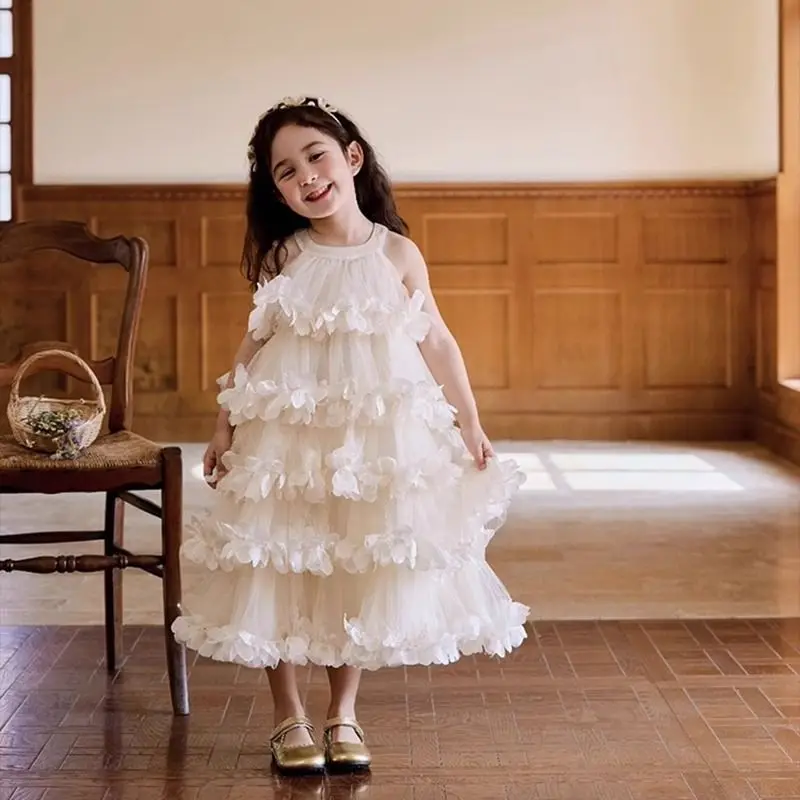Girl Princess Dress 2025 Summer New Flower Birthday Dress Girl Fairy Yarn Dress Children's Cake Dress