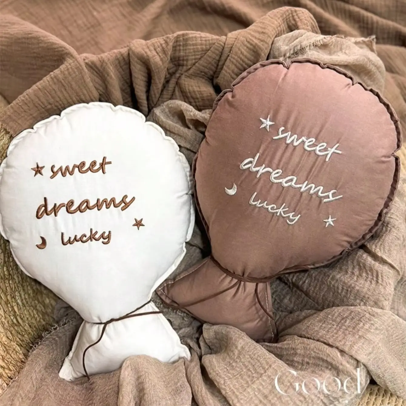 Sweet Dreams Lucky Balloon Shaped Baby Pillow, Embroidered Nursery Decor Cushion, Soft Cotton Stuffed Throw Pillow for Crib Bedr
