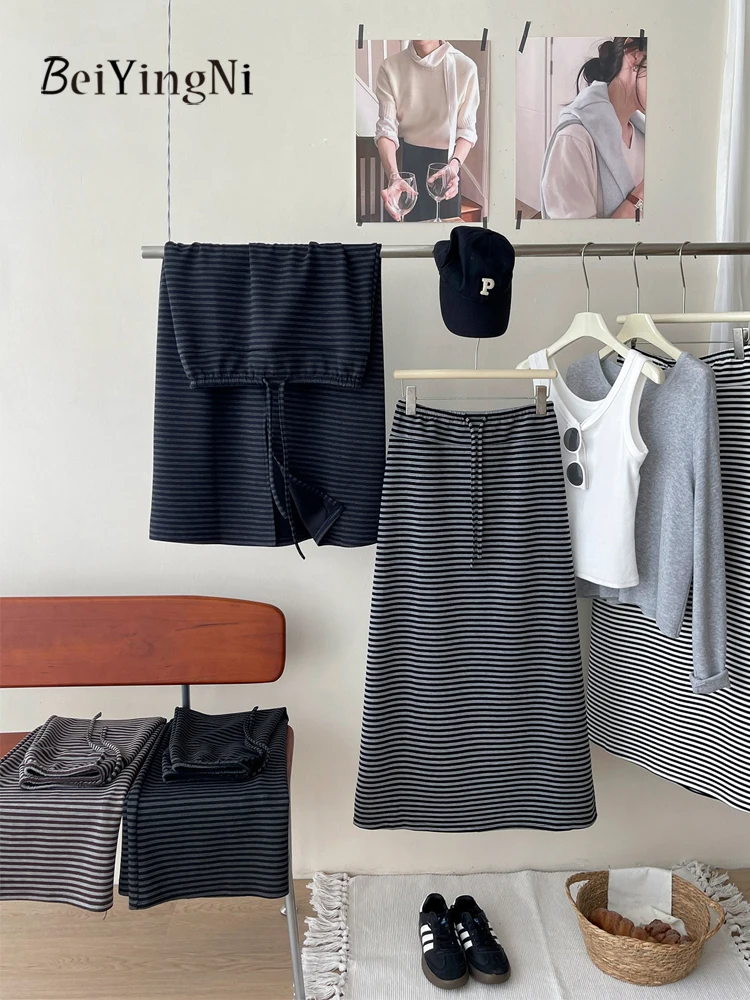 Beiyingni Elastic Waist Midi Skirts Women Drawstring Casual Japanese Korean Style Straight Skirt Female 2026 Striped Long Skirts