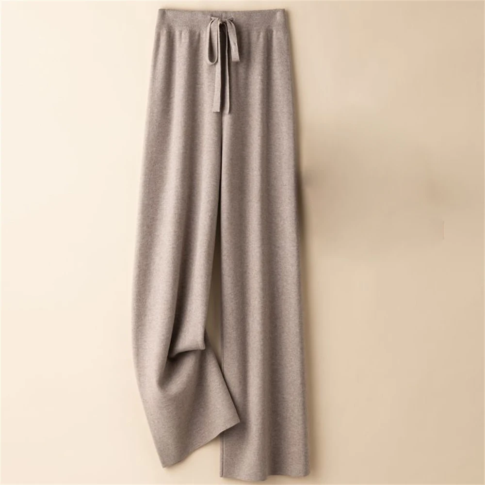 Women's Wool Knitted Wide-leg Straight Pants Autumn Winter Outer Wear Elastic High-waist Mopping Draped Loose All-match Trousers