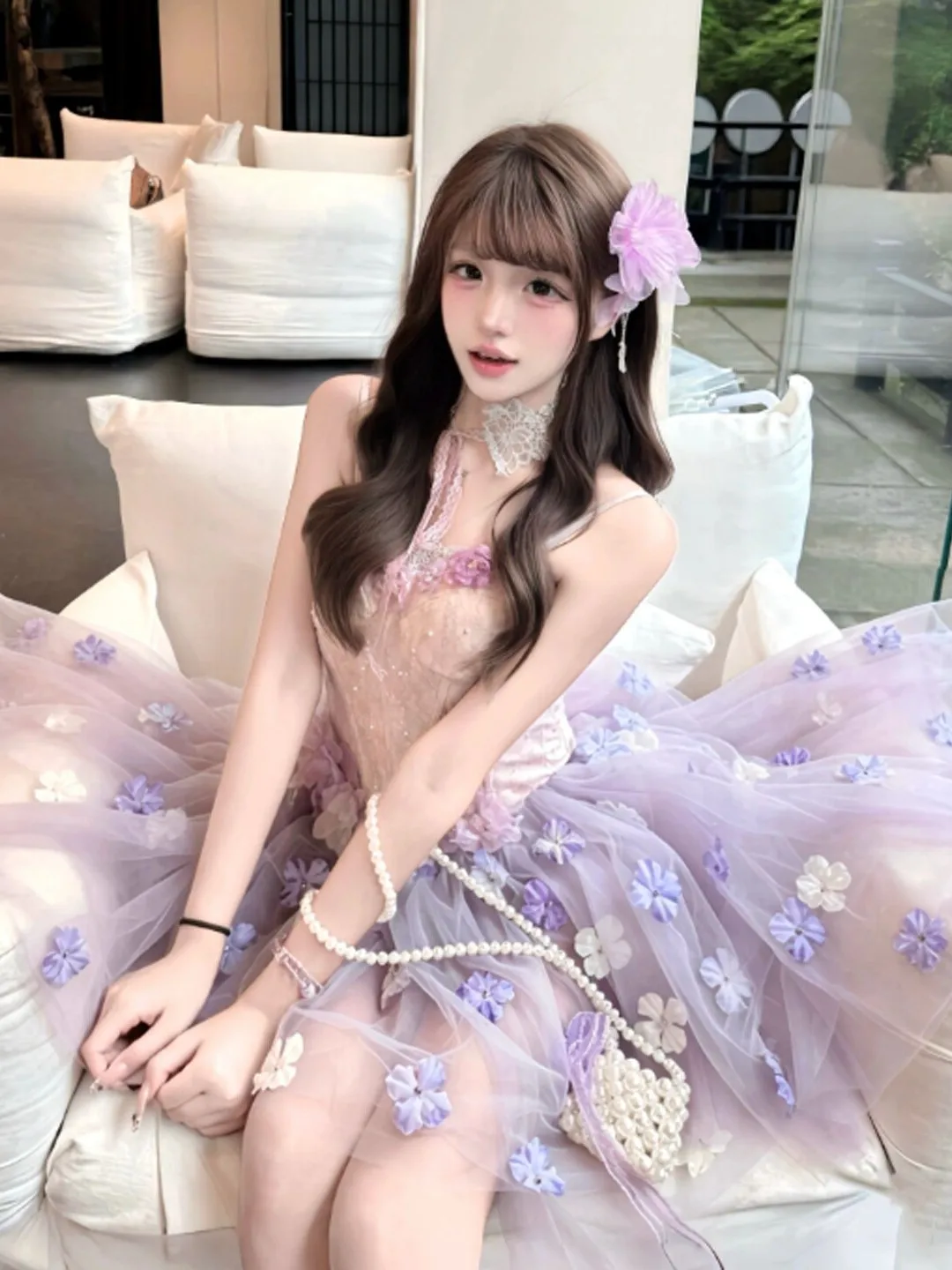 

Summer Soft Style Beautiful Flower Puffy Tulle Short Skirt Small Size Absolutely Beautiful Strapless Dress Cotton Holiday Wind