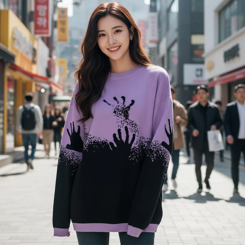 

Purple Men And Women Unisex Oversized Knitted Long Sleeved Autumn Winter Harajuku Sweater 2025 Fashionable Streetwear Pullover
