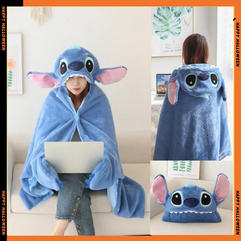 New Stitch Hooded Cloak Blanket Cartoon Anime Thickened Big Blanket With Hat Flannel Warm Blanket Student Office Nap Blanket