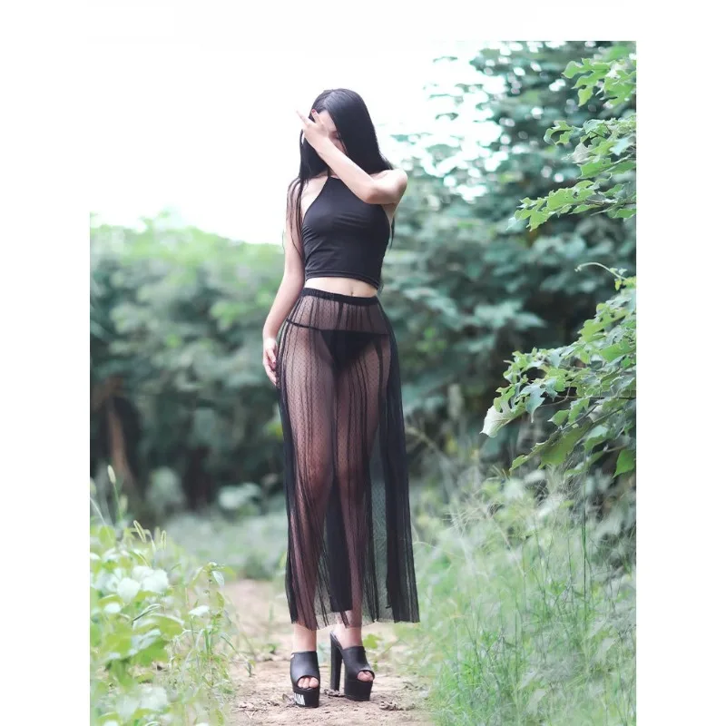 المرأة الدانتيل ميدي تنورة بقماش شفاف تراكب صيف جديد انظر من خلال زلة تنورة أنيقة بلا أكمام متأنق عطلة بحر الموضة #5