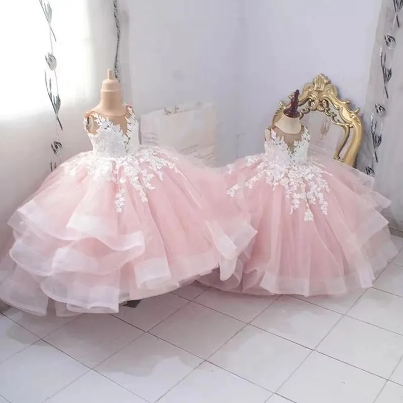 

Pink Elegant Baby Girl Birthday Dress Fluffy Flower Girl Dress For Wedding Bow Kids Princess Prom Gowns Lush Dresses For Girls