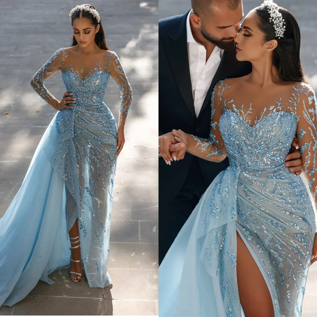 Luxury Ice Blue Sheer Lace Mermaid Dress with Beaded Embroidery and Detachable Overskirt Women Gala Evening Customized B262643
