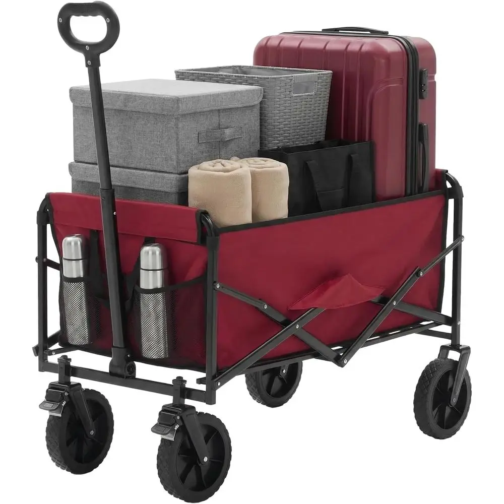 

Durable Folding Utility Wagon with Lockable Brakes - 330 lbs Capacity, Ideal for Beach, Garden, Sports, and Camping, Red