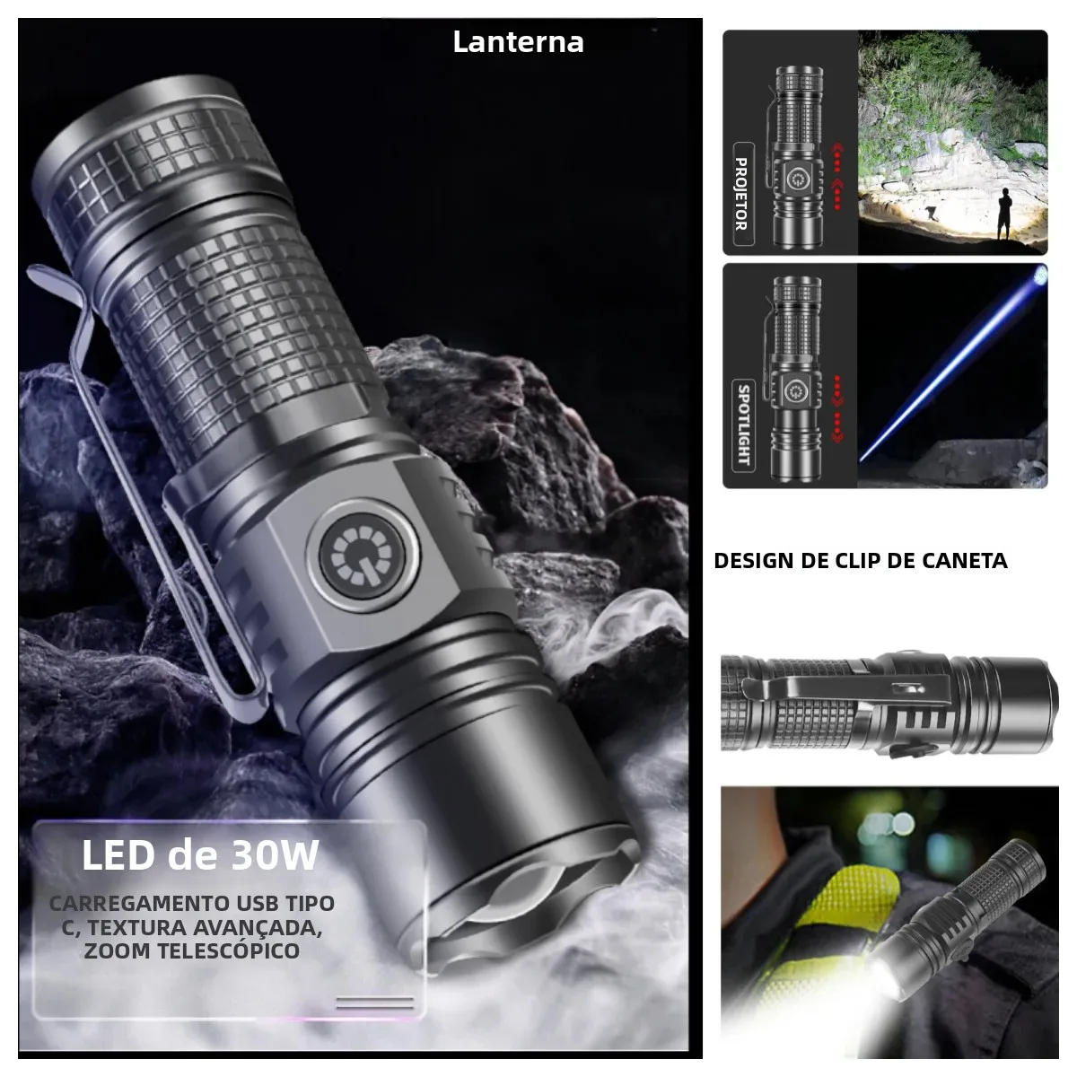novo-produto-laser-branco-30w-led-brilhante-multifuncional-lanterna-de-longo-alcance-type-c-carregamento-conveniente-mini-lanterna