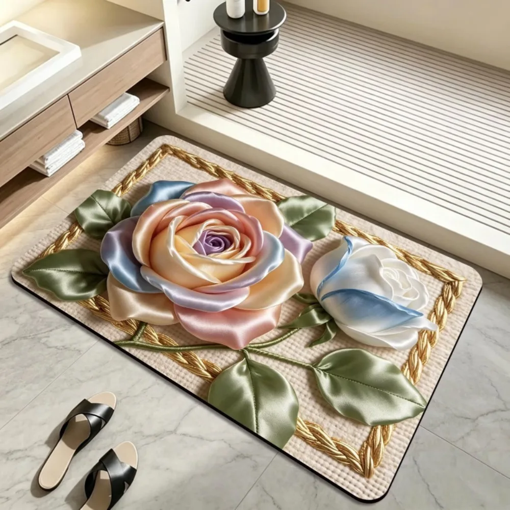 New Quick Dry Floral Pattern Rug Non Slip 40×60CM Bath DoorMat Lifelike Visuals Diatom Mud Bedroom Floor Mat Home Decor